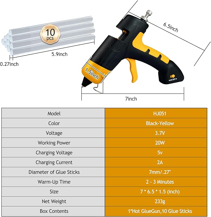 Cordless hot glue gun Kit with 10 Glue Sticks, High Temp for School Crafts DIY Arts and Quick Home Repairs (Cordless Yellow)