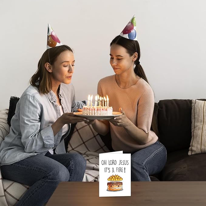 Funny Birthday Cake Card for Friend Bestie Women, Snarky Humor Happy Birthday Card for Him & Her - Oh Lord Jesus It's A Fire