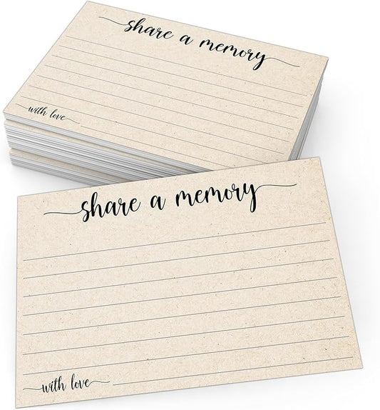321Done Share a Memory Card, Made in USA - 4x6 Kraft Tan, for Celebration of Life, Birthday, Anniversary, Memorial, Funeral, Graduation, Bridal Shower Game - Set of 50