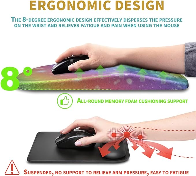 Hokafenle Ergonomic Mouse Pad Wrist Support with Massage Design, Wrist Rest Pain Relief Mousepad with Memory Foam&Non-Slip PU Base, Mouse Pads for Wireless Mouse & Desk (12x8 inch,Rainbow Bubble)