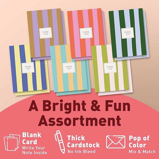 S&O Palm Beach Thank You Cards with Envelopes, Blank Greeting sheets for Handwritten Messages, Set of 24 stylish Notes and Covers, Assorted Thank You decor notes with Color full Envelopes Mix & Match