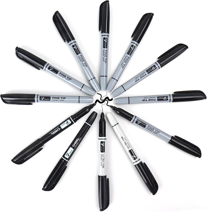 Permanent Markers 12 Black - Waterproof Quick Drying Pens Set 8 Fine Tip, 2 Ultra Fine, 2 Chisel Tip Office Home School Supplies for Adults Writing Doodling Marking