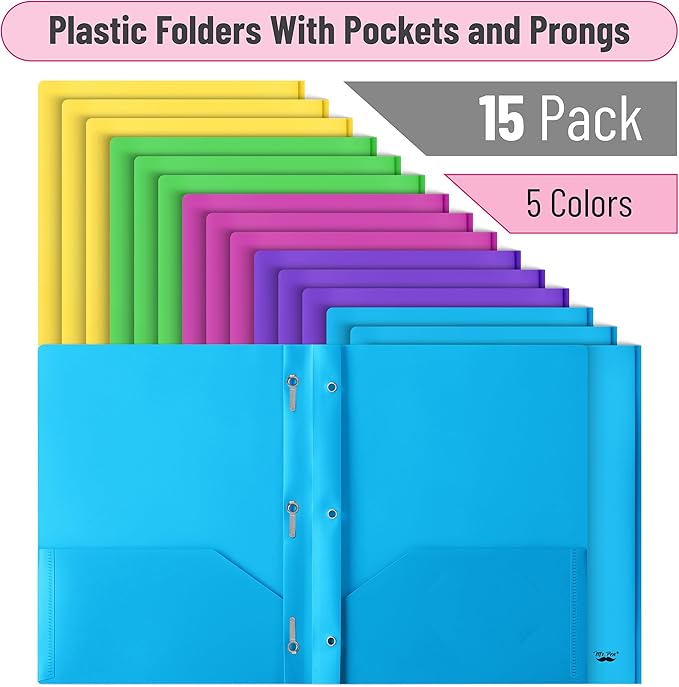 Mr. Pen- Plastic Folders with Pockets and Prongs, 15 Pack, Vibrant Colors, Pocket Folders, Folders with Prongs, File Folders with Fasteners, 2 Pocket Folder, Folder with Pockets, Two Pocket Folder