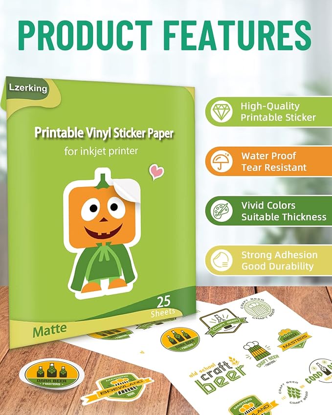 Lzerking Printable Vinyl Sticker Paper - 25 Sheets Matte White Self-Adhesive Waterproof Decal Printable Sticker Paper for Inkjet Printer - Standard Size 8.5x11 Inches DIY Crafts