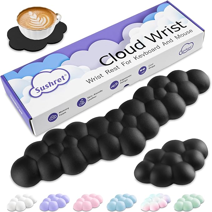 Cloud Wrist Rest Keyboard, Cloud Palm Rest Set with PU Leather Memory Foam, Cute Keyboard Rest for Wrist Support and Arm Rest, Desk Cloud Wrist Pad for PC/Gaming/Hand Cushion/Computer-Black