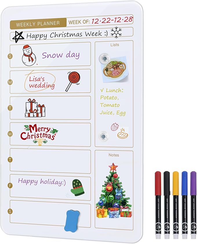 SELEAD Magnetic Glass Whiteboard Weekly Planner - 16”x24” Dry Erase Calendar White Board for Wall, Menu TODO Grocery List Board for Home Kitchen Restaurant - White&Gold