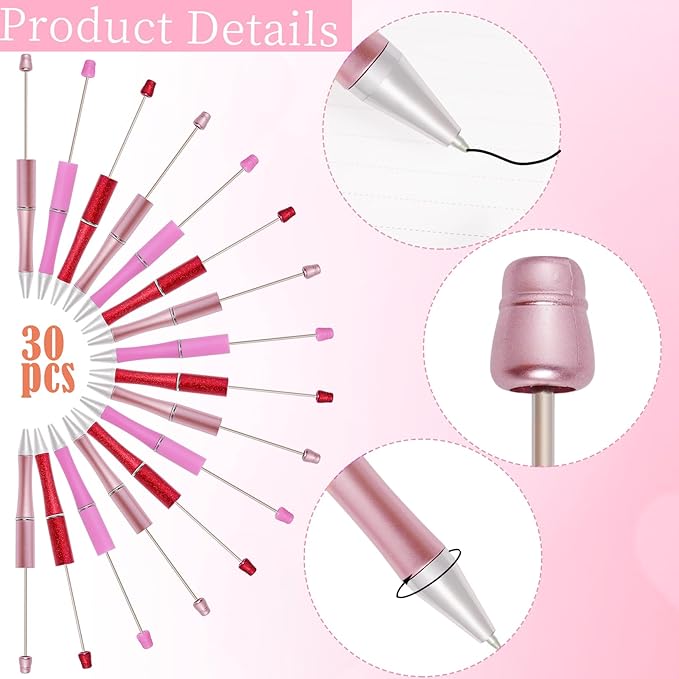 jiebor 30Pcs Valentines Beadable Pens Plastic Bead Pen Black Ink Ballpoint Pens Diy Pens Cute Cool Pens for Teacher Gift Office Supplies