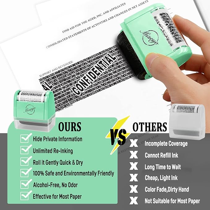 Miseyo Identity Theft Protection Roller Stamp Set - Mint Green (6 Refill Ink Incleded)
