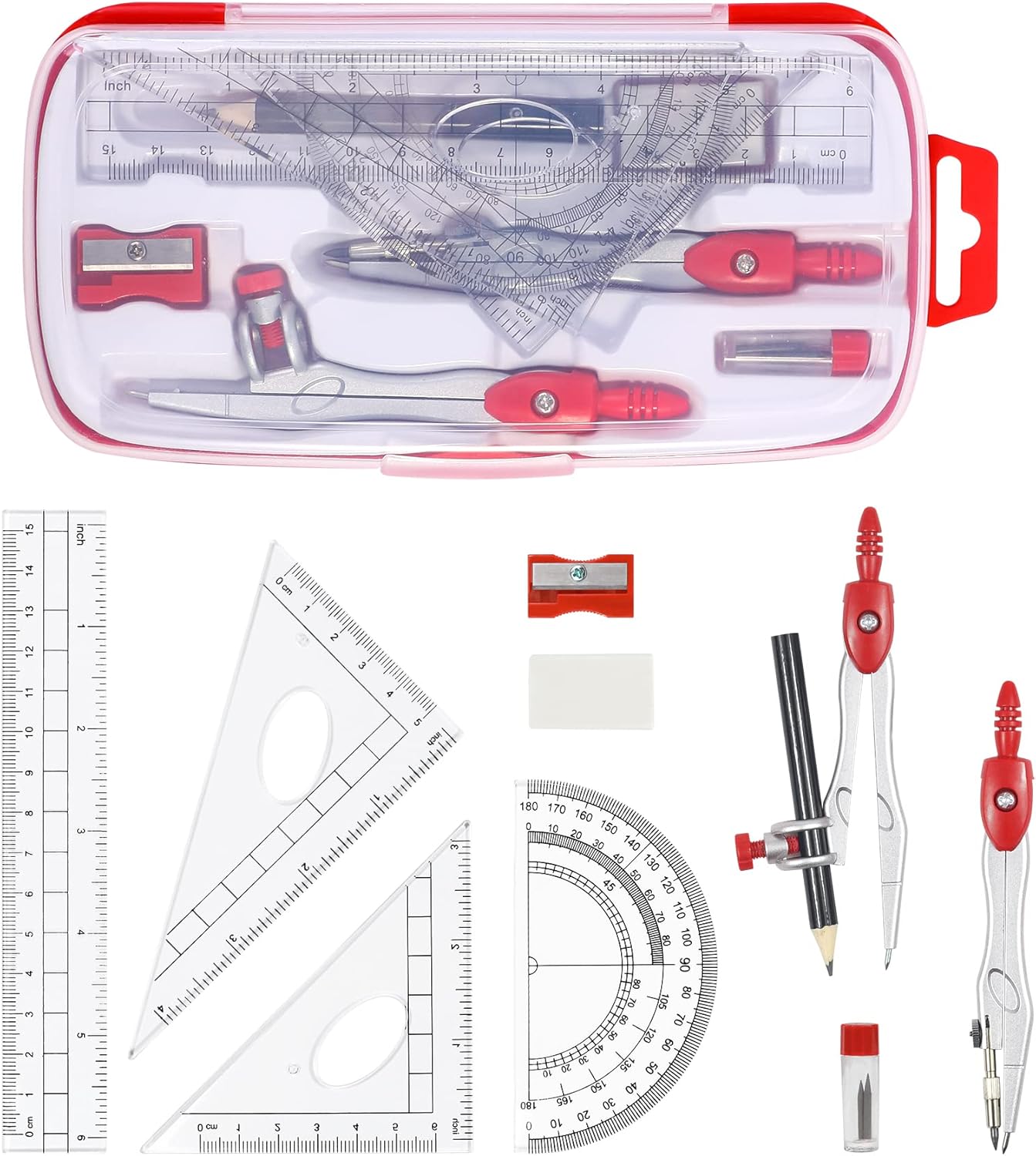 Math Geometry Kit Sets 10 Piece Student Supplies with Shatterproof Storage Box,Includes Rulers,Protractor,Compass,Eraser,Pencil Sharpener,Lead Refills,Pencil,for Drafting and Drawings（Red）