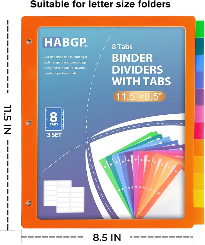 HABGP 3 Ring Binder Dividers with 12-Tab, Multicolor Plastic Clear Binder Dividers, Monthly Dividers Letter Size File Organizer 3 Hole Punch, 3 Set 36 Pcs Write On Tabs Page Folder Index Dividers