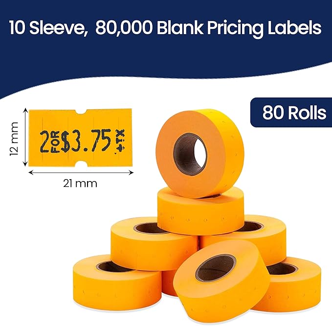 Perco 1 Line Fluorescent Orange Labels - 80 Rolls, 10 Sleeves, 80,000 Blank Price and Date Gun Labels for Perco 1 Line Price and Date Guns - Made in USA