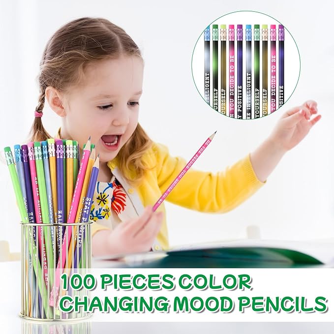 Epakh 100 Pcs Inspirational Pencils Color Changing Pencils Bulk with Eraser HB Wooden Pens Gift for Kids Students Classroom Christmas Party(Bright Colors,Classic Style)