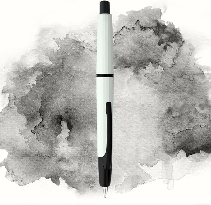 Majohn A2 Press Fountain Pen Extra Fine Nib with Box, Retractable White Resin Ink Pen with Converter Writing Set (Black Clip Version）