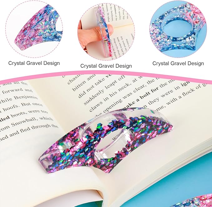 Rhinestones Book Page Holder, Glitter Crystal Thumb Book Holder, Sector Resin Book Opener Handmade Thumb Bookmarks Reading Accessories for Birthday Party Wedding Gifts(Purple Green+Pink Blue)