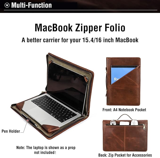 Top Grain Leather 16.2" Slim Laptop Zipper Folio Case Bag, Handmade & 2 Pockets, Compatible with MacBook Pro 16.2" A2485 M1 Max 15" Touch Bar A2141 A1707 Pro 16" Touch ID, Coffee 16.2 Inch