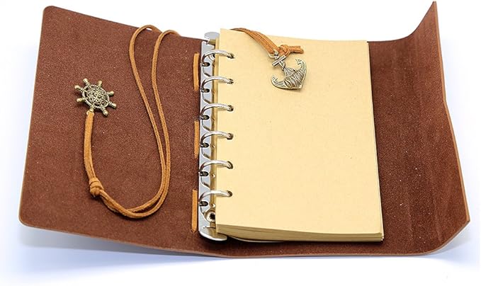 EvZ Leather Writing Journal Notebook, 5 Inches Vintage Nautical Spiral Blank String Diary Notepad Sketchbook Travel to Write in, Unlined Paper, Retro Pendants, Classic Embossed, Red