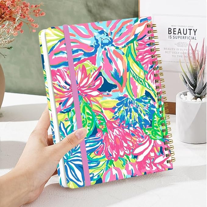 Spiral Notebook - A5 Spiral Notebooks, 8.3'' × 5.8'', 160 Pages, Aesthetic Journaling Notebooks for Women, College Lined Notebook with Elastic Closure, Back Pocket, for School Office, Color printing