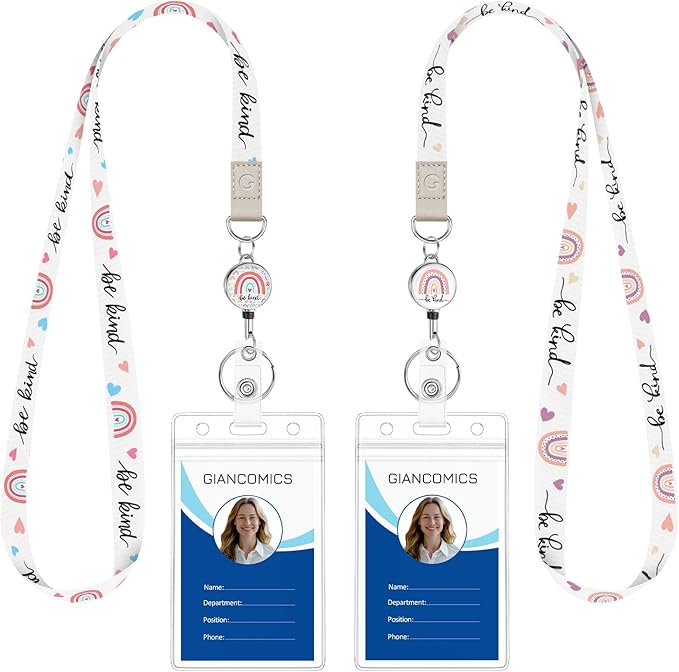 Giancomics Be Kind Lanyards for Id Badges, Cute Rainbow Lanyards with Retractable Reel, Waterproof ID Badge Holder for Cruise Ships Cards Key, Work Name Tag Zip Card Protector 2 Pack