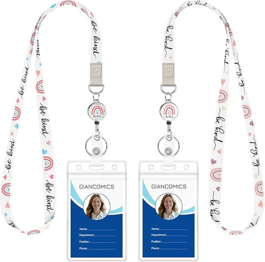 Giancomics Be Kind Lanyards for Id Badges, Cute Rainbow Lanyards with Retractable Reel, Waterproof ID Badge Holder for Cruise Ships Cards Key, Work Name Tag Zip Card Protector 2 Pack