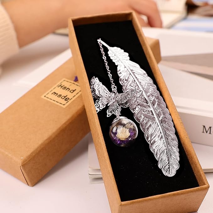 Toirxarn Silver Feather Bookmark with Butterfly Charm - Elegant Bookmarks for Women, Book Lovers Gifts, Book Marker for Reading, Teacher Appreciation Gifts, Unique Birthday Gifts, Stocking Stuffers