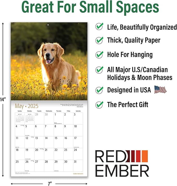 RED EMBER Golden Retrievers Mini 2025 Wall Calendar 12 Month | 7" x 14" Open | Thick & Sturdy Paper | Giftable | Calendar 2025