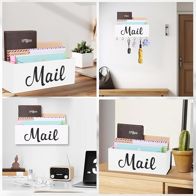 Mail Organizer Countertop, Mail Organizer Wall Mounted With Key Holder, Mail Holder For Wall, Mail Sorter Organizer, Letter Organizer, Mail Basket, Mail Tray, Letter Holder For Desk (White)