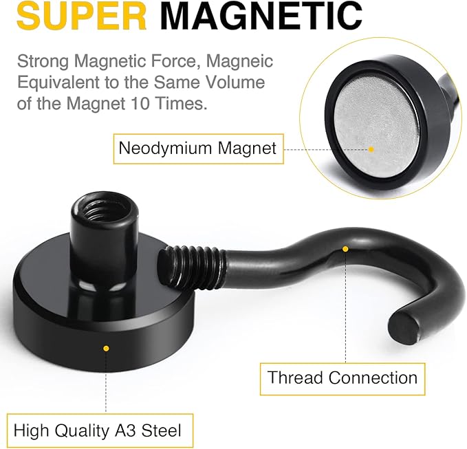 DIYMAG Magnetic Hooks for Refrigerator, Extra Strong Cruise Hook, Heavy Duty Earth Magnets with Hook for Hanging, Magnetic Hanger for Cabins, Grill (45P-Black)