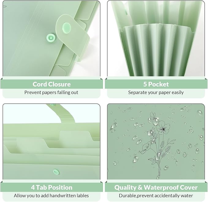 SKYDUE Expanding File Folder with 5 Pockets, Aesthetic Accordion File Organizer, Portable Document Paper Bill Receipt Organizer, School Office Supplies, Letter/A4 Size, (1, Pea Green)