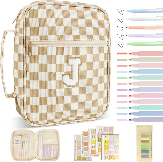 Personalized Initial Bible Cover Case for Women Girls Kid - Large Corduroy Bible Case with Handle, Stylish Chenille Letter Bag Study Supplies, Perfect Christmas Gifts for Christians Women (Khaki-J)