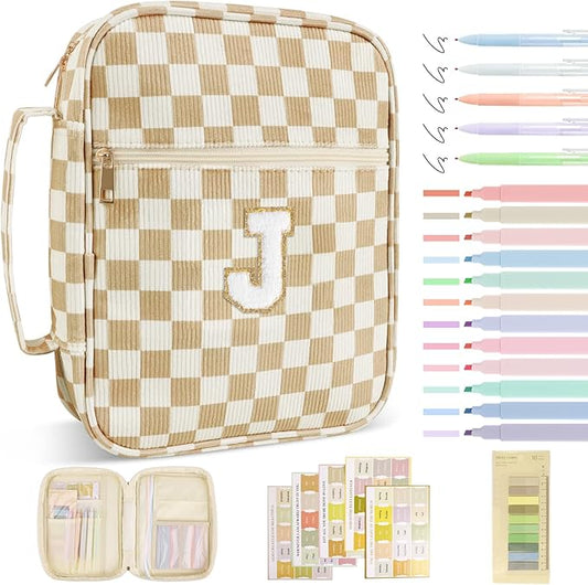 Personalized Initial Bible Cover Case for Women Girls Kid - Large Corduroy Bible Case with Handle, Stylish Chenille Letter Bag Study Supplies, Perfect Christmas Gifts for Christians Women (Khaki-J)