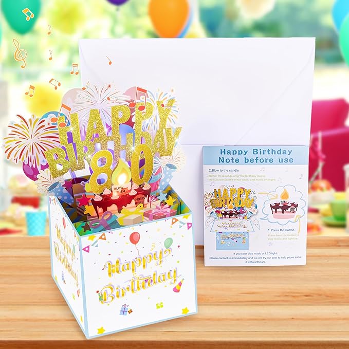 Tnvee 80TH Birthday Cards with Lights & Music & Candle, 3D Large Pop Up Happy Birthday Cards for Women Man Greeting Cards Decorations for 80 Years Old Mom Dad Grandparents