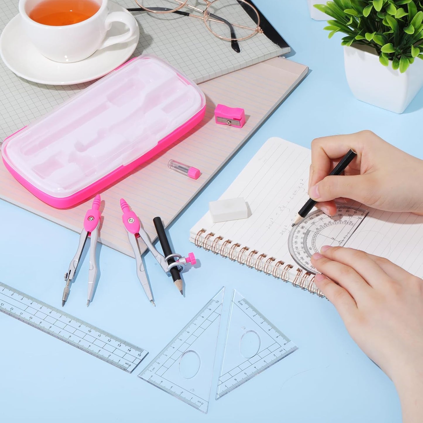 Zonon Math Geometry Set 10 Pcs Student Supplies with Shatterproof Storage Box, Includes Rulers Protractor Compass Pencil Sharpener Lead Refills Eraser Pencil for Drafting and Drawings(Pink)