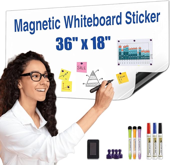Magnetic Whiteboard Sticker - Adhesive Backing 36'' x 18'' Dry Erase Board for Wall Whiteboard Contact Paper for Kids Office Home Include Marker Magnet Eraser