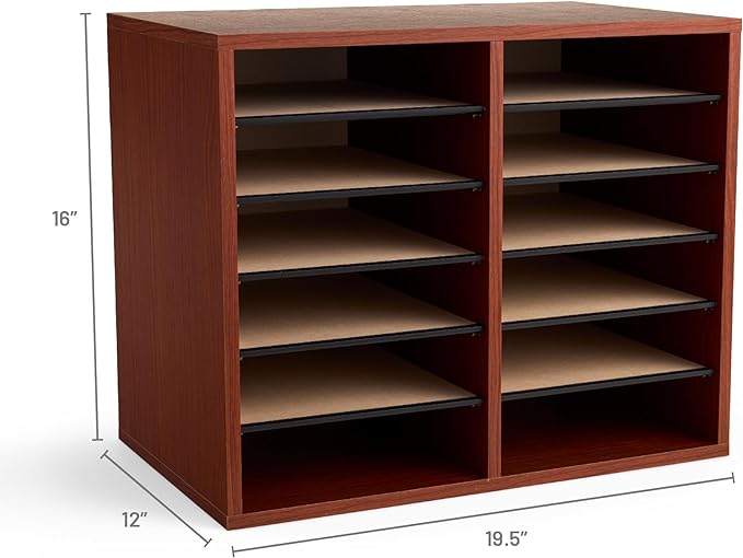 Safco Literature Organizer, 12 Compartments, Office and Classroom Mailbox with Adjustable Shelves, Wood Paper and Mail Sorter, Cherry