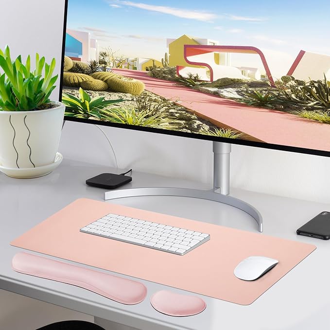 Bloss Leather Desk Pad and Keyboard Wrist Rest, Large Mouse Pad + Keyboard Pad+Mouse Wrist Support, Non-Slip Desk Mat Protector for Office, Home(31.5×15.7 Inches,Pink)