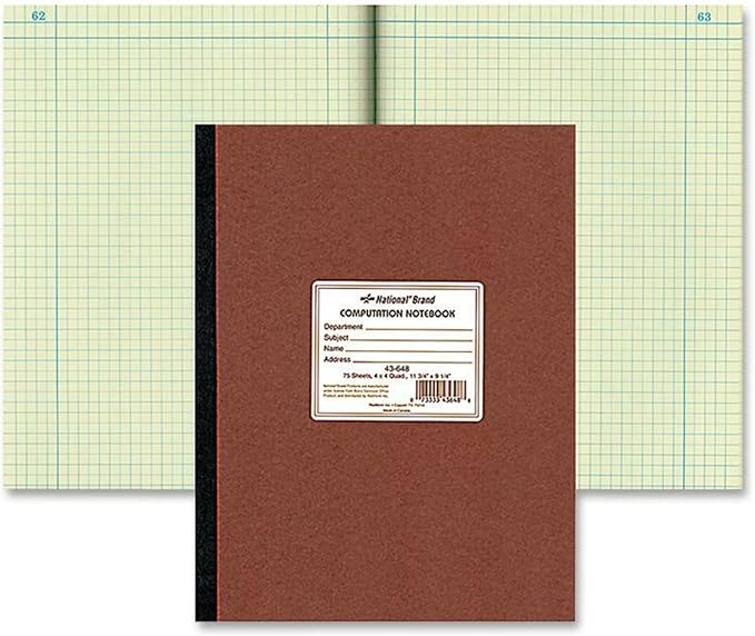 National Brand Computation Notebook, 4 X 4 Quad, Brown, Green Paper, 11.75 x 9.25 Inches, 75 Sheets (43648)