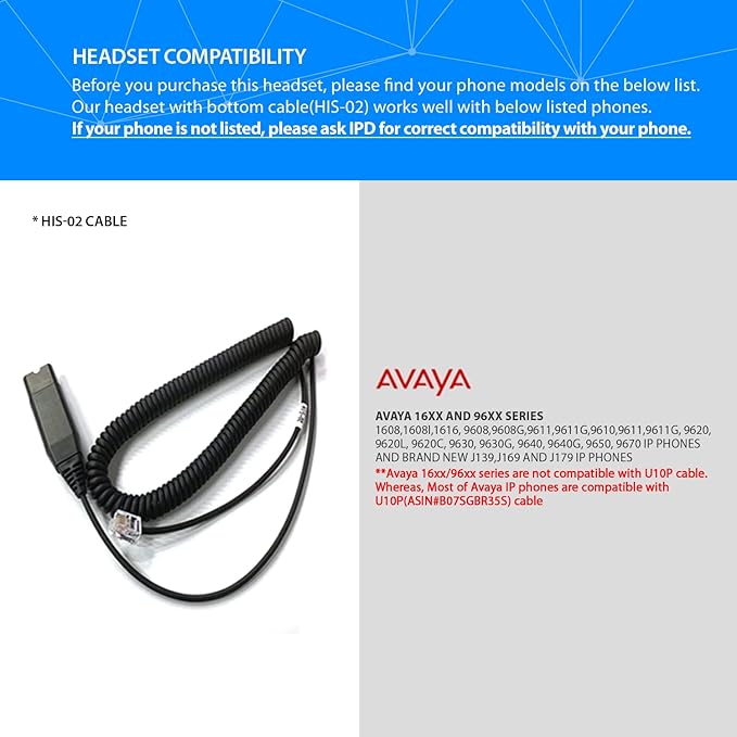 IPD IPH-165 Phone Headset with Noise Cancelling Microphone for Office and Call Center-Compatible with Avaya 1608 1616 9601 9608 9611 9611G 9620 9621 9630 9631 9640 9641 9650 9670 J139 J159 J169 J179