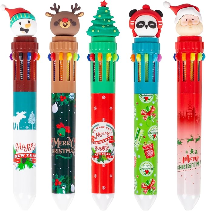 Cute Cartoon Christmas Multicolor Ballpoint Pen 0.7 mm, 10-in-1 Colored Pens Fine Point Retractable Ballpoint Pens for Office School Students Kids Christmas Gift, 5 Pack