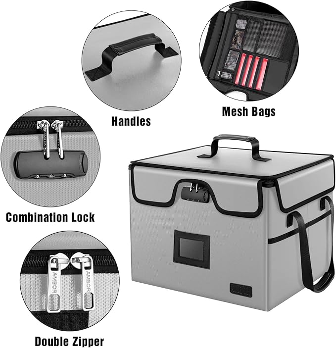 AMBOR File Box with Lock, Fireproof Document Box with 5 Tabs & Inserts, Collapsible File Organizer with Handle for Letter & Legal Size Folder/Certifications/Books Storage, Grey