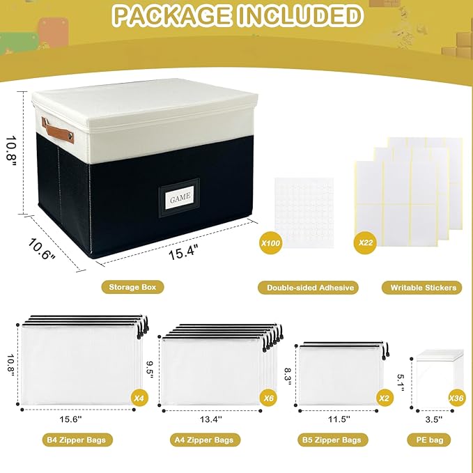 Board Game Storage, Board Game Organizer with 12pcs Zipper Bags and Writable Stickers, Board Game Organizers Storage with Lid for Office Supplies, Puzzles, Video Game, Craft Product