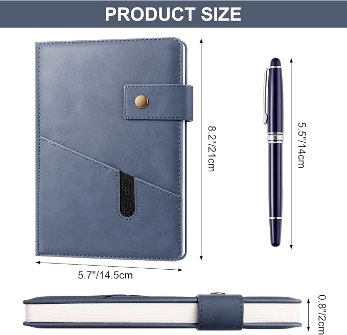 A5 Leather Journal Notebook with Pen, 200 Pages Hardcover Journal with Pocket, 100gsm Thick Lined Paper Daily Diary for Men and Women, Great Gift for Business School Travel Personal - Blue
