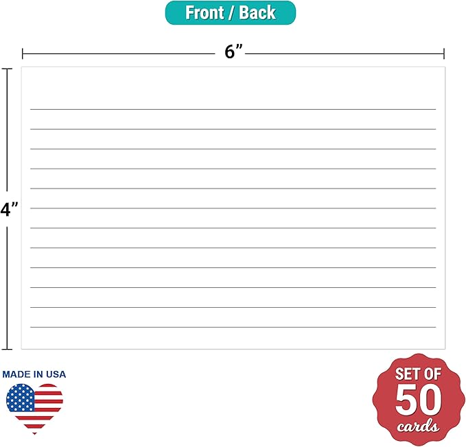 321Done Ruled Index Cards - Made in USA - Large 4x6 (Set of 50), College-Ruled Lined Notecards Double-Sided, Thick Heavy Duty Cardstock, Simple Note Cards with Lines, White