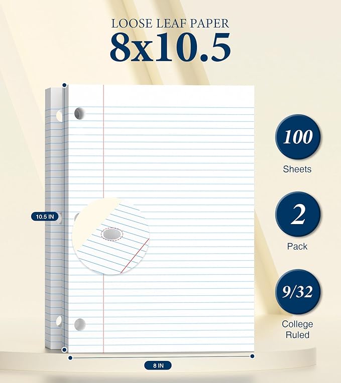 Loose Leaf Paper, Notebook Paper, 8 x 10.5 College Ruled Paper, 3 Hole Punch Binder Paper, Lined Paper for 3 Ring Binders, College Ruled Paper, 100 Sheets/Pack Filler Paper (2 Pack)