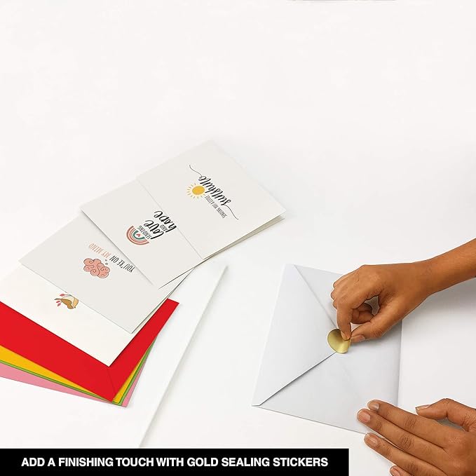 Dessie 30 Fun Thinking of You Cards With Envelopes. 30 4x6 Inch Note Cards With Envelopes Set - Blank Inside. 6 Unique Designs. Assorted Color Envelopes and Gold Seals. Sturdy Storage Box