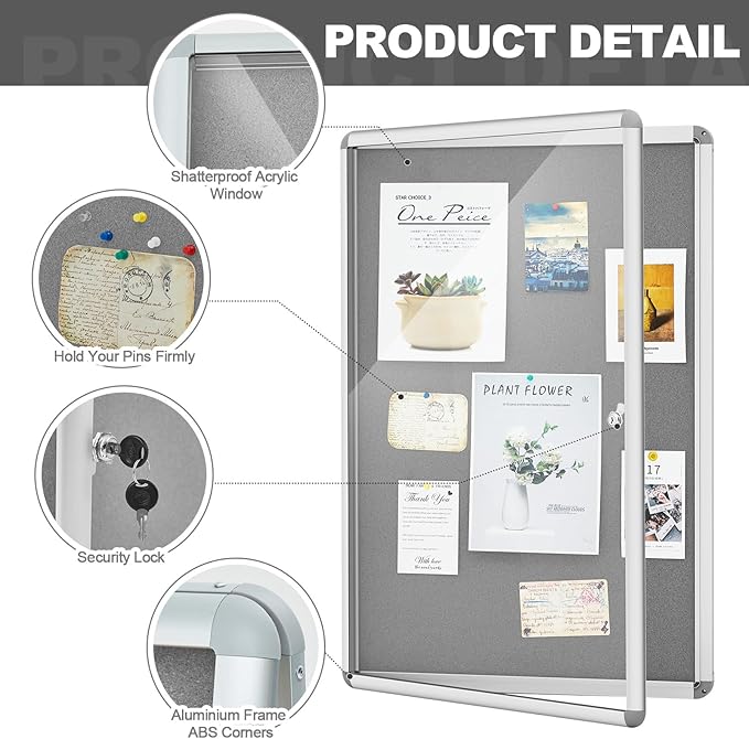 Geetery Enclosed Fabric Bulletin Board Tamperproof Lockable Noticeboard Fabric&Aluminium Frame Display Cases Wall-Mounted Display Case for School, Office - Secure,Durable Design(36 x 24 Inch,Gray)