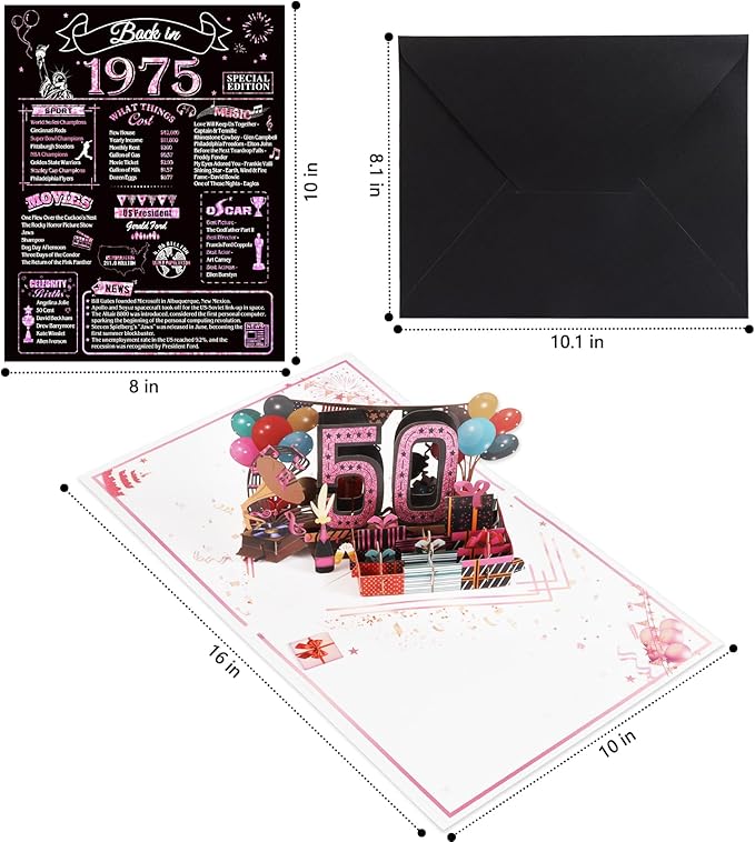 50th Birthday Card for Women Her, Jumbo 3D Pop Up 50th Birthday Gifts, Back In 1975 Happy 50 Year Old Sister Birthday Decorations Cards Card for Wife, Rose Gold