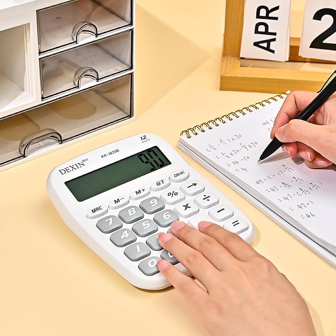 Cute Calculators Desktop, 12 Digit Basic Calculator with Big Buttons, Aesthetic Desk Accessories Large LCD for Office School Supplies (White)