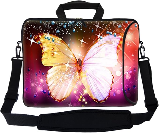 Meffort Inc 17 Inch Neoprene Laptop Bag with Extra Side Pocket, Soft Carrying Handle & Removable Shoulder Strap Fit 16" to 17.3" Size - Big Butterfly