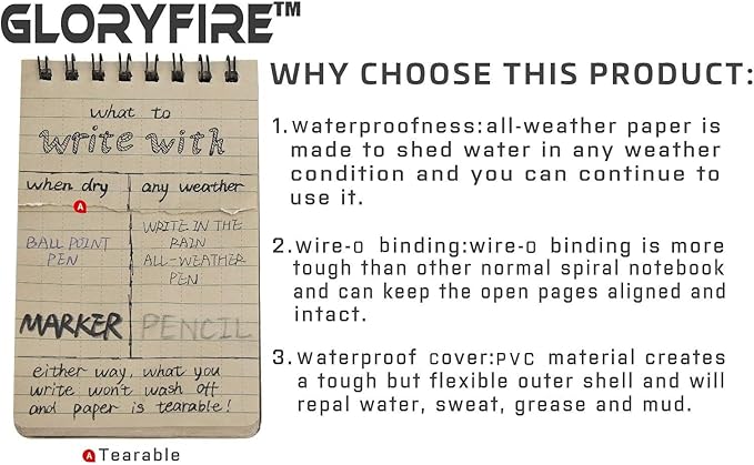 GLORYFIRE Waterproof Notebook Tactical All-Weather Spiral Memo Paper Notepad with Waterproof Grid Paper for Outdoor Activities Recording 3"x5" (10pcs)