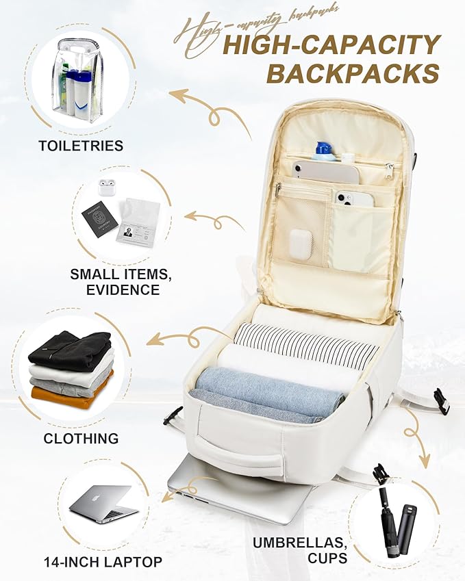 Travel Carry on Laptop Backpack for Women Men, Expandable Flight Approved Backpack, Waterproof Sports College bag Casual Daypack for Weekender Business Hiking Off White(Small)